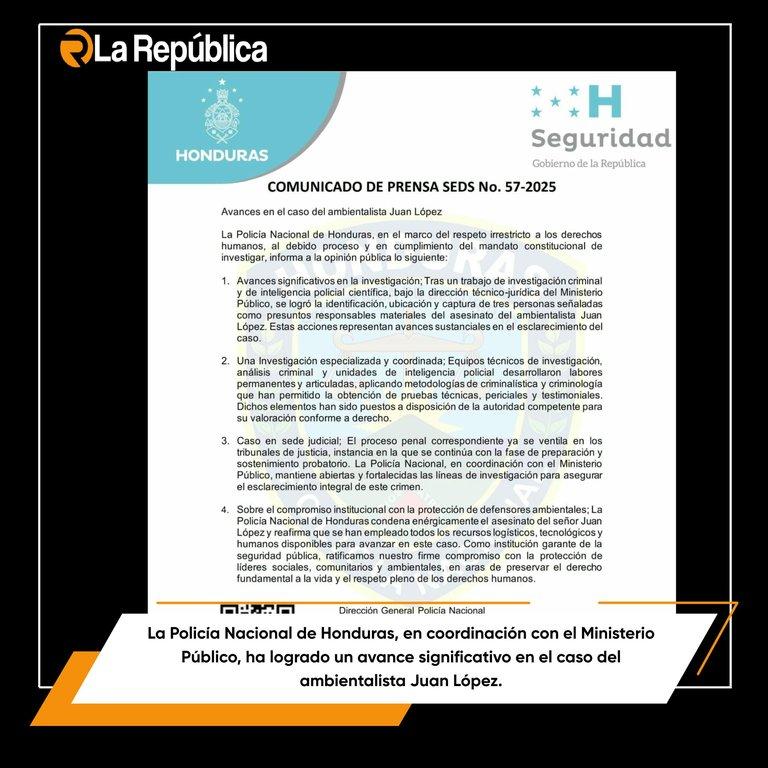 La Policía Nacional de Honduras, en coordinación con el Ministerio Público, ha logrado un avance significativo en el caso del ambientalista  - Cover Image